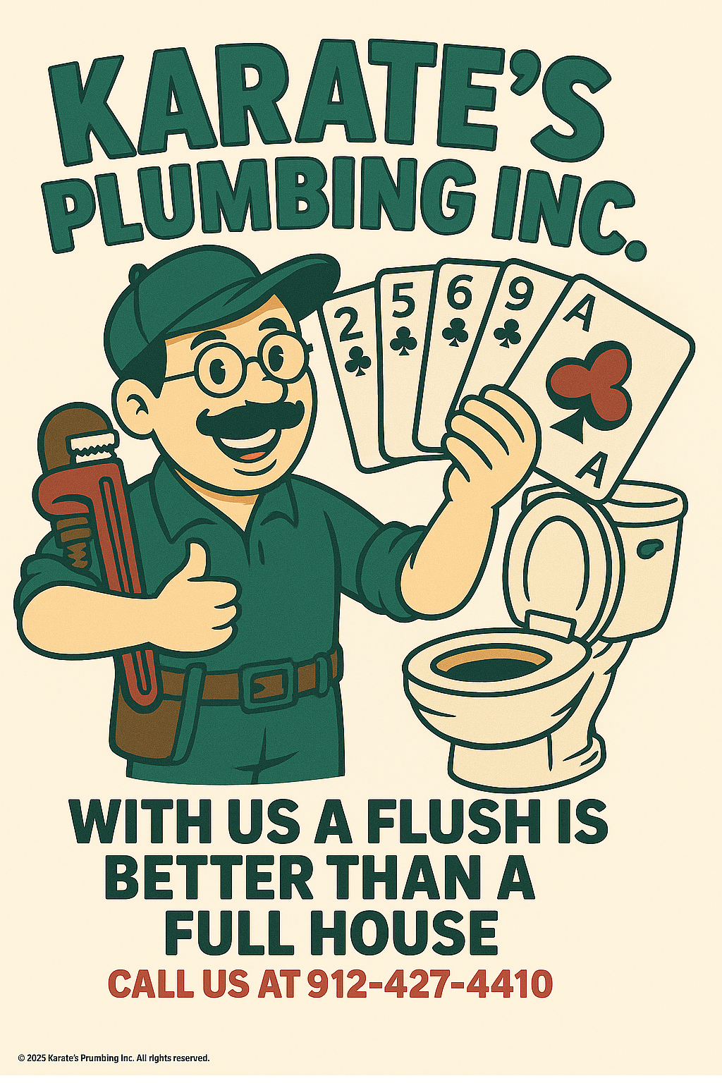 Karate's Plumbing Inc. mascot with slogan 'With us a flush is better than a full house'